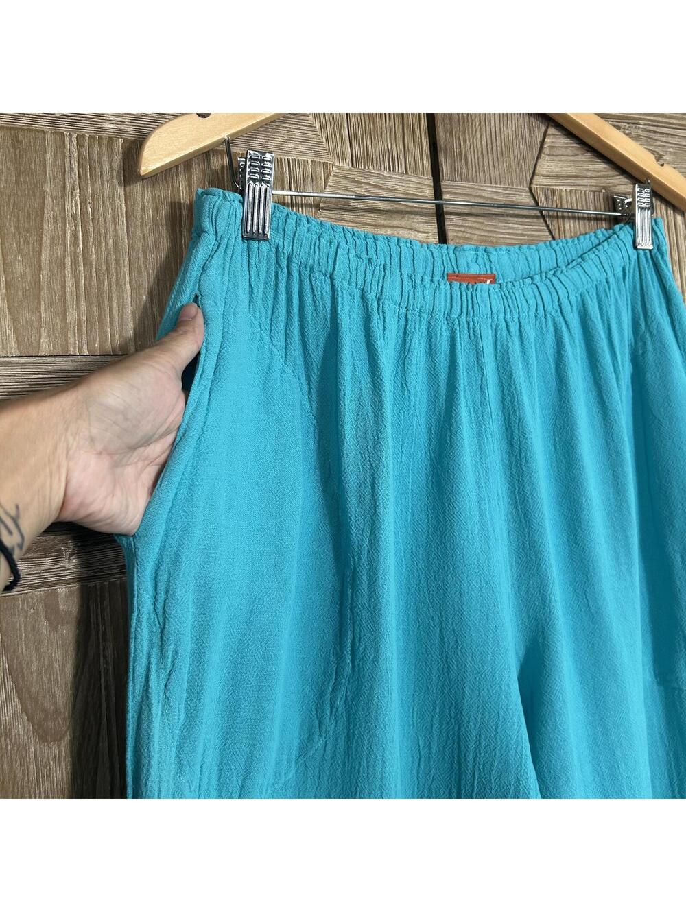 Oh My Gauze! Casual Boho Pants Size S/M Teal Cotton Elastic Waist Lagenlook NWT - Picture 3 of 6